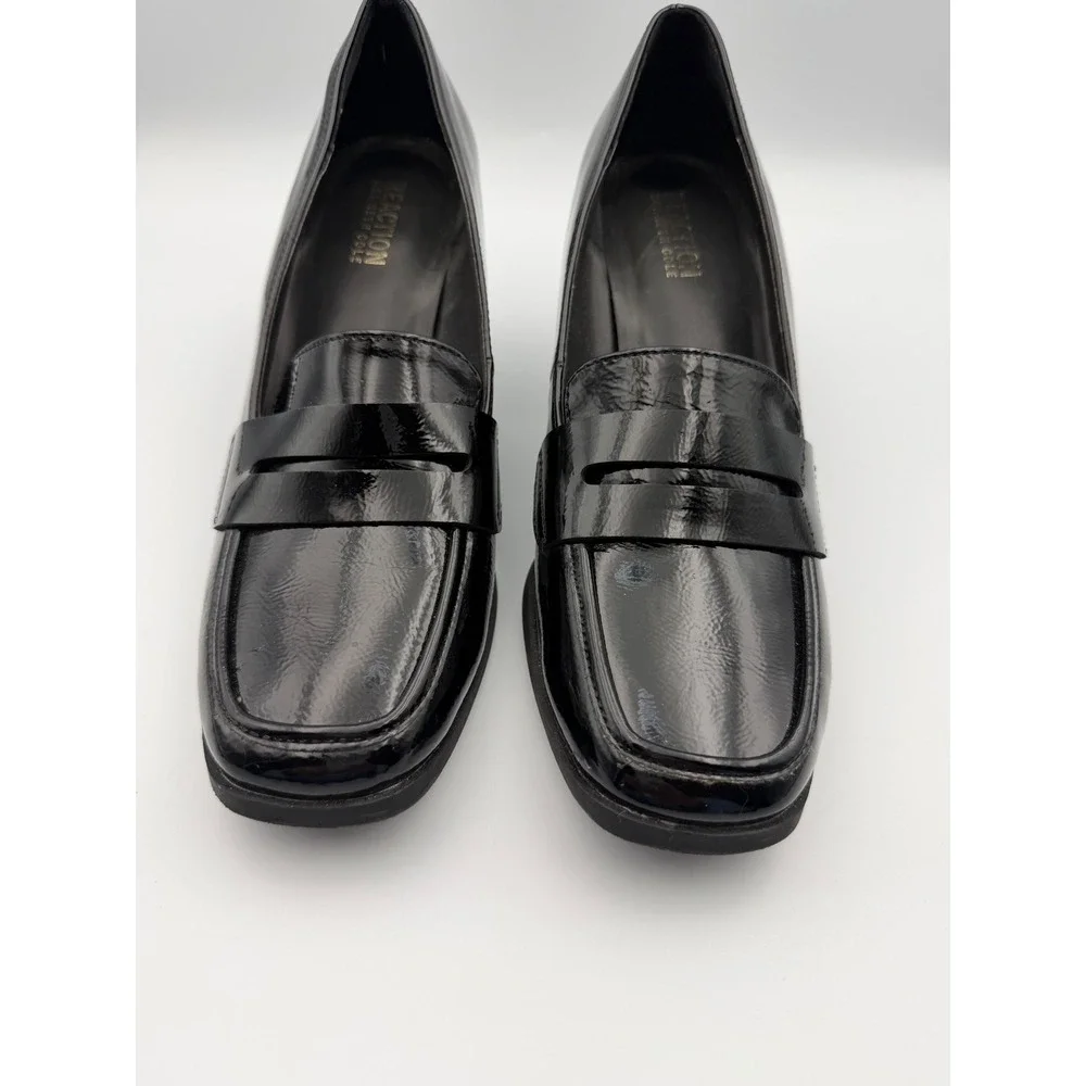 Kenneth Cole Reaction Womens Black Patent Block Heel Penny Loafers Square Toe - Picture 1 of 12